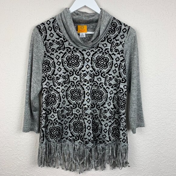 Ruby Rd Shirt Womens Small Petite Gray Black Cowl Neck Fringe Flocked Mosaic - Picture 2 of 8